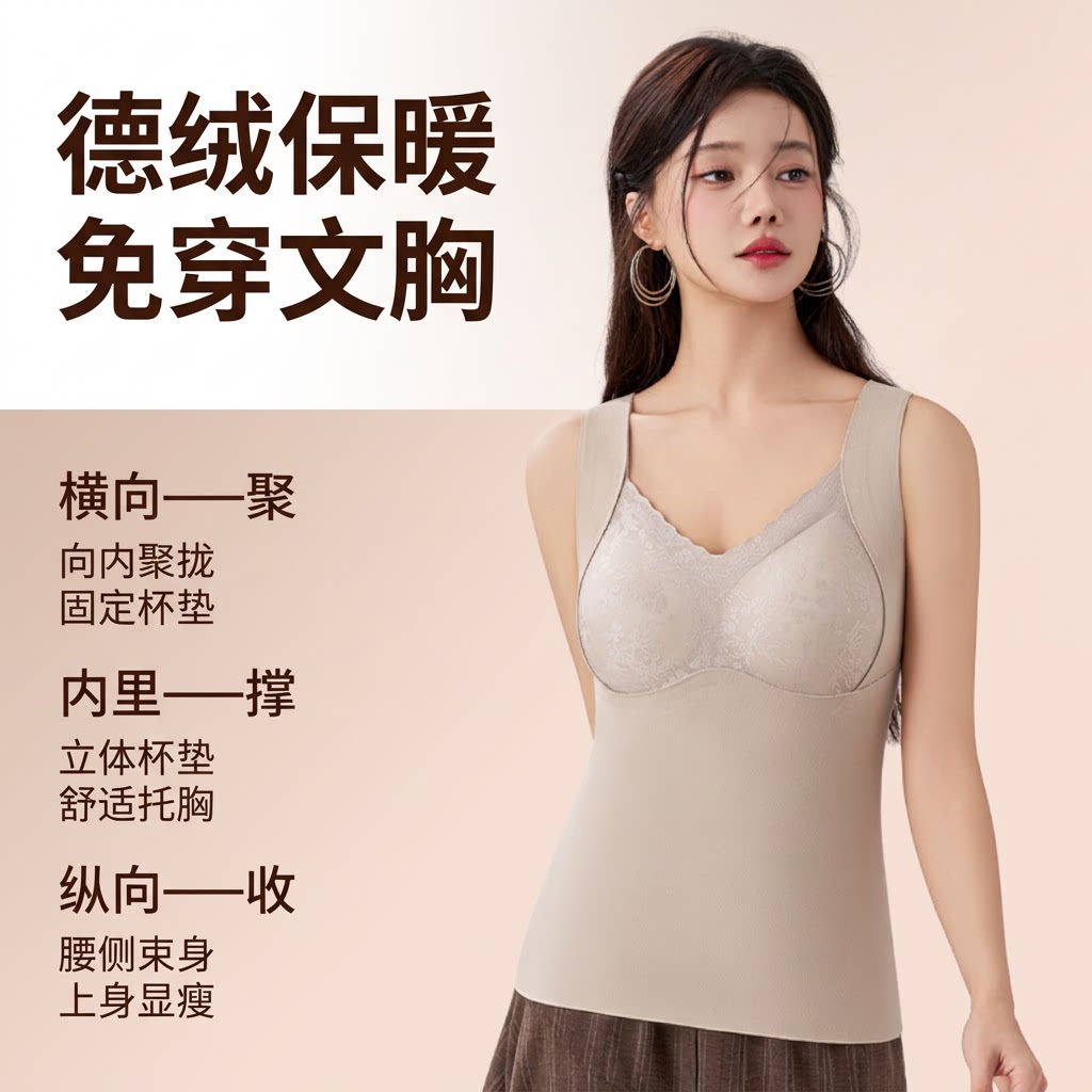德绒保暖背心女带胸垫无钢圈免穿文胸发热V领日常内搭时尚外穿