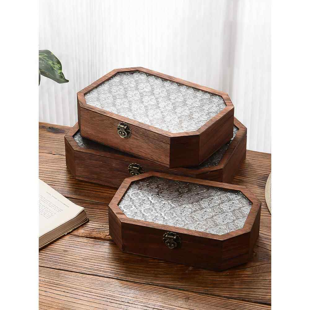 复古珠宝收纳盒海棠花玻璃摆设化妆台装饰盒桌面杂物整理翻盖木盒