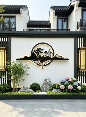 入户庭院不锈钢迎门墙新中式金属格栅屏风定制别墅社区园林影壁墙