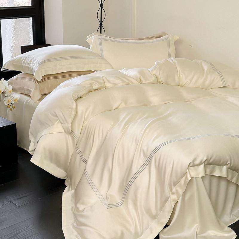 春夏纯色双面天丝床单四件套极简风三线刺绣凉感裸睡被套床上用品