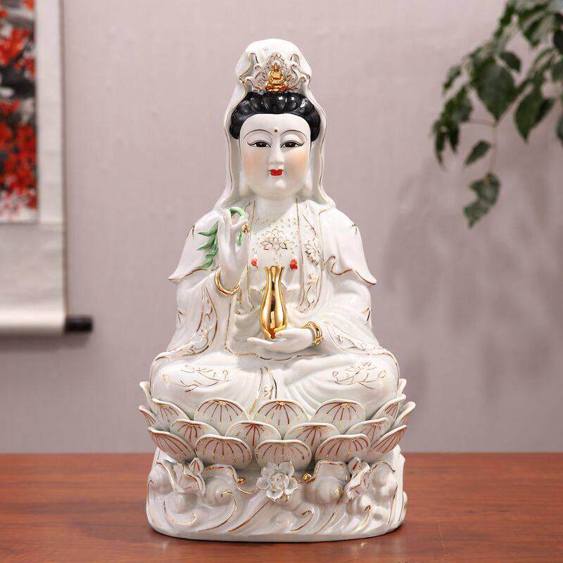 新款高档南海观音菩萨陶瓷家用坐莲观世音像客厅中式居家瓷像摆件