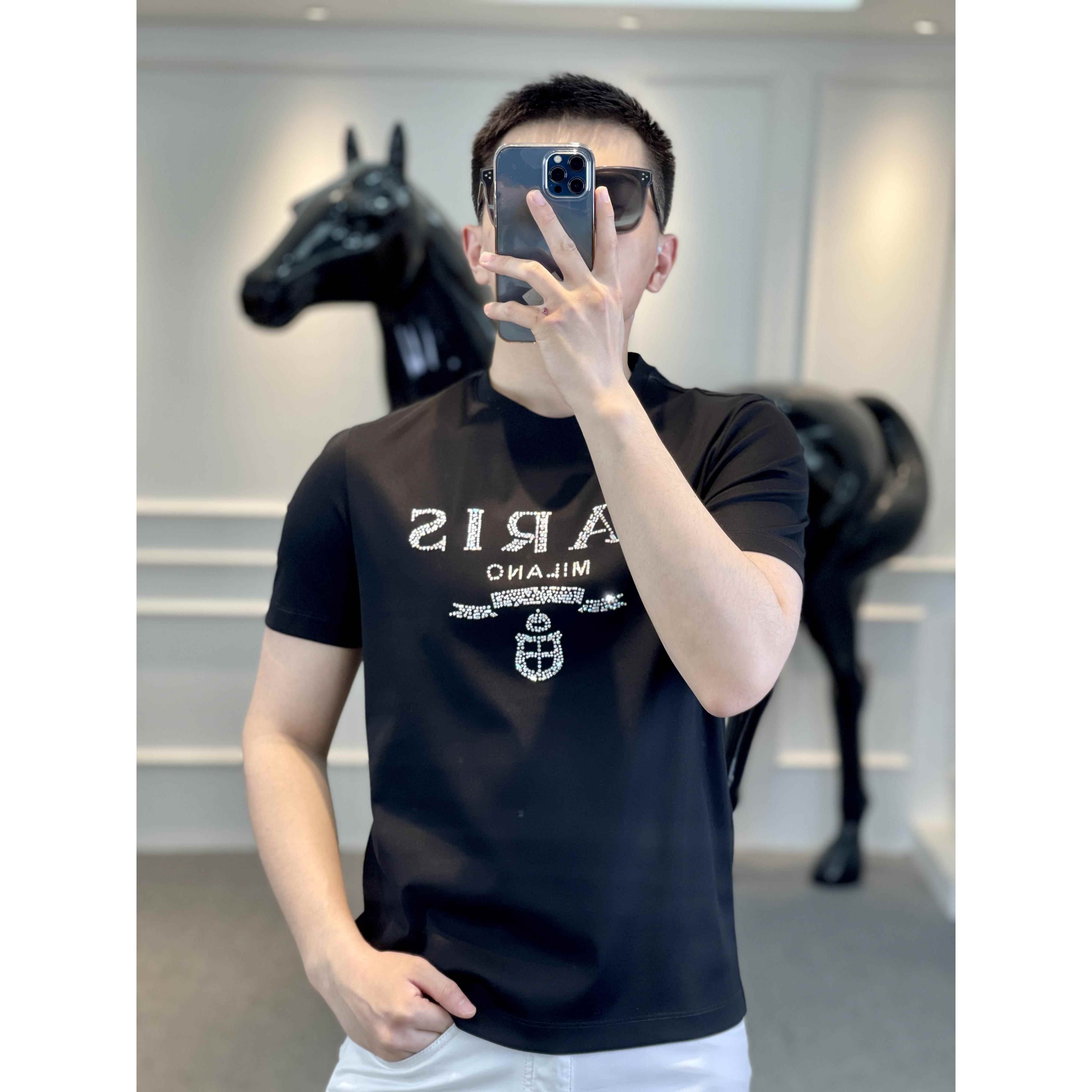 欧货新款高端丝光棉烫钻男士短袖T恤圆领ins潮流半袖修身T恤男