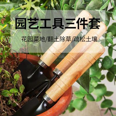 Gardening tools set including a soil loosening trowel, a flo