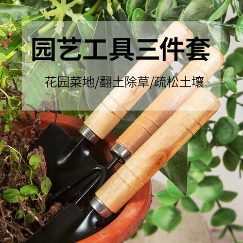 Gardening tools set including a soil loosening trowel, a flo