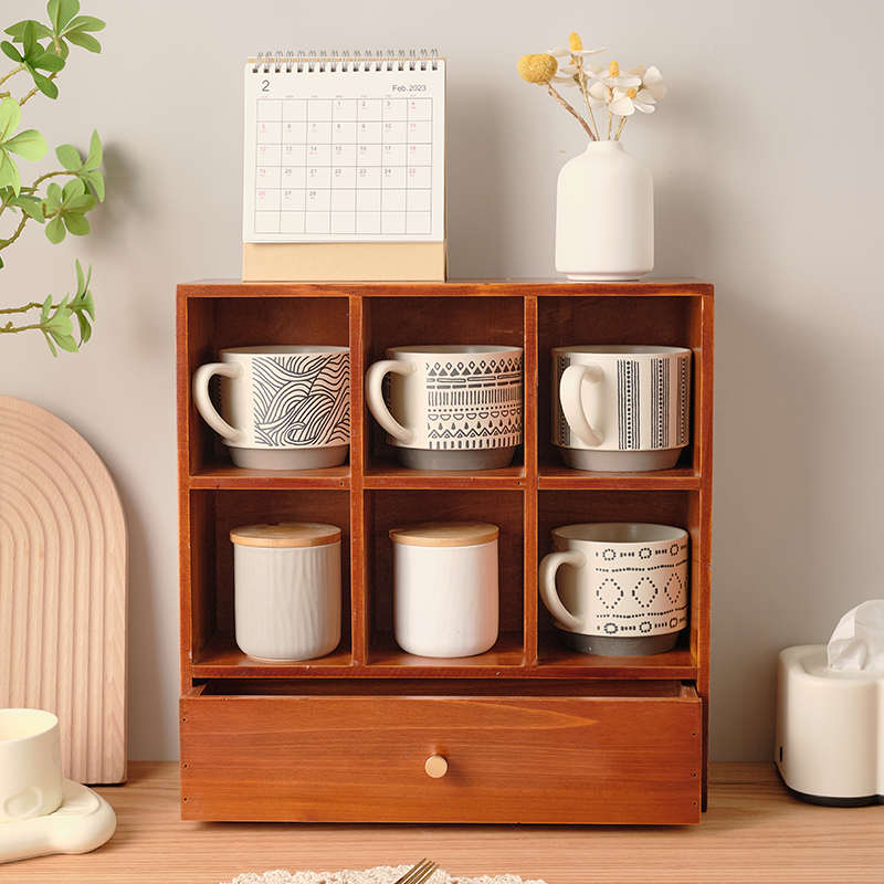 日式复古实木茶具杯子收纳柜餐桌木质桌面收纳盒置物架带抽屉多格