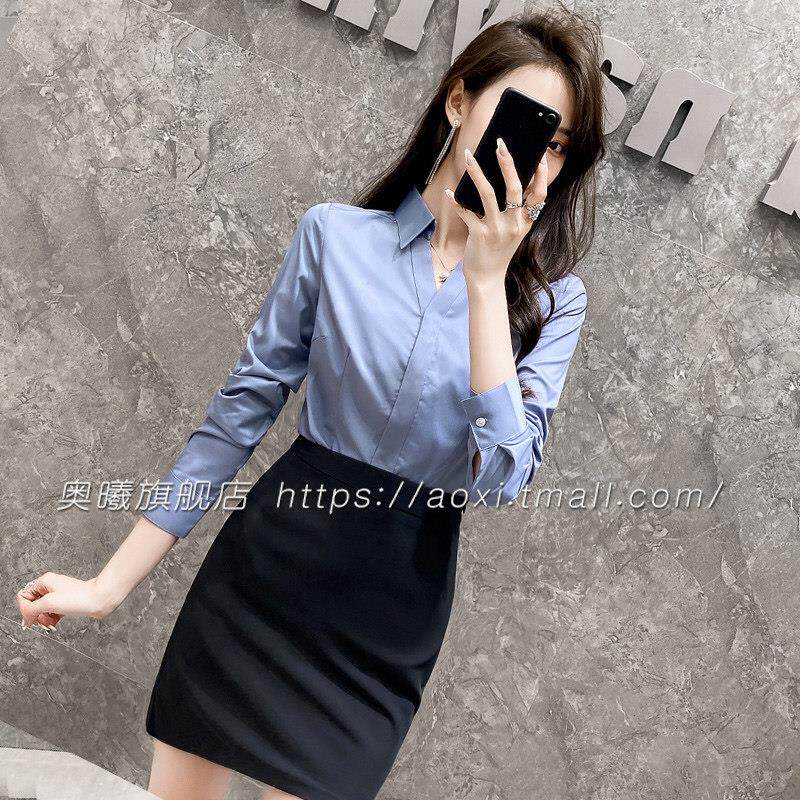 职业装女前台工作装空姐职业制服衬衣女秋款灰色衬衫女工装OL服装