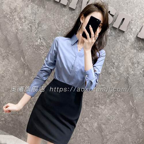 职业装女前台工作装空姐职业制服衬衣女秋款灰色衬衫女工装OL服装