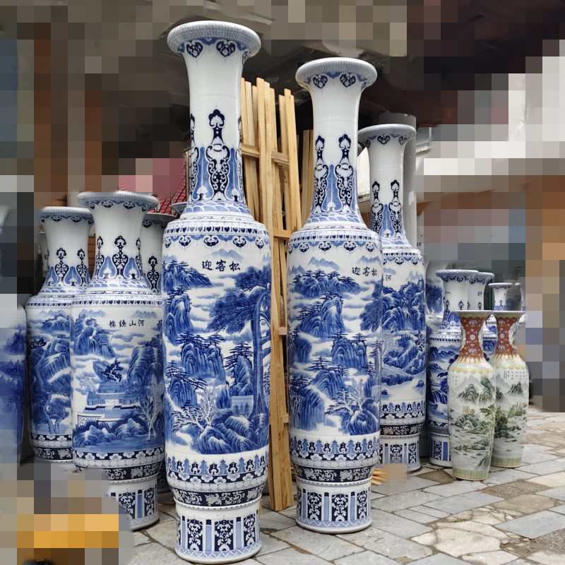 景德镇陶瓷手绘青花瓷迎客松金钟大花瓶摆件酒店装饰品开业礼