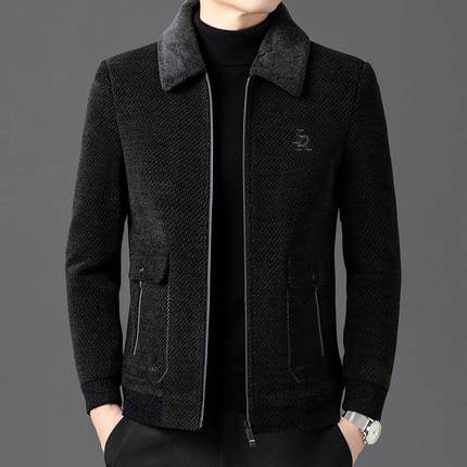 品领牌爸爸秋冬装加绒加毛厚毛外套中老羊翻男士夹克呢男装外B189