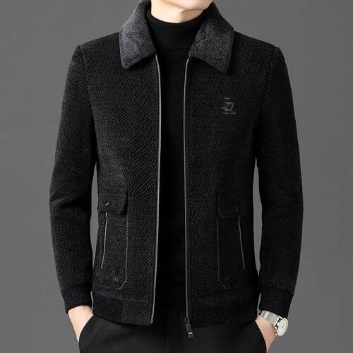 品牌爸爸秋外冬装加绒加夹厚羊毛套中老毛翻领男B18908-P士克呢男