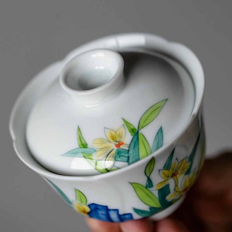 纯手绘水仙花二才盖碗茶杯单个家用不烫手抓茶碗陶瓷功夫泡茶器