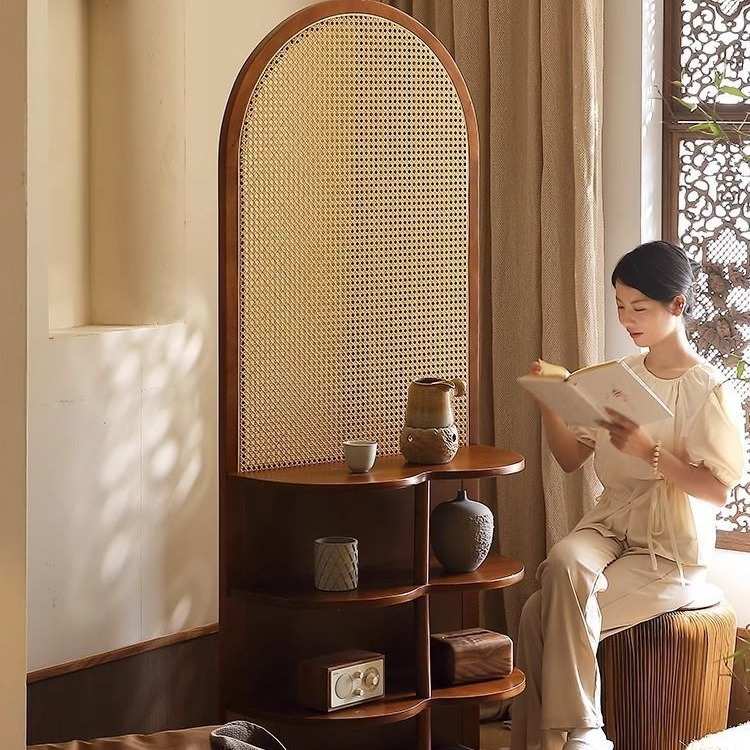 法式复古新中式实木藤编屏风隔断客厅移动民宿简约卧室玄关置物架