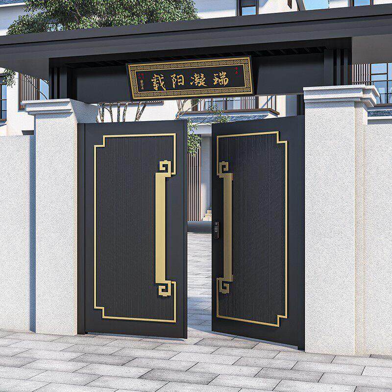 中式铝合金园围墙双开电动大门庭院门铝艺门楼别墅农村花铁艺门头
