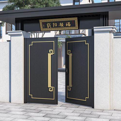 中式铝合金园围墙双开电动大门庭院门铝艺门楼别墅农村花铁艺门头