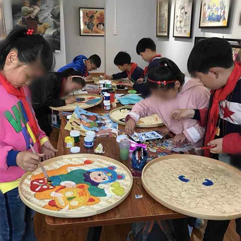 小学生手工竹编绘画表演环保装饰道具圆簸箕三月三日农民烘干