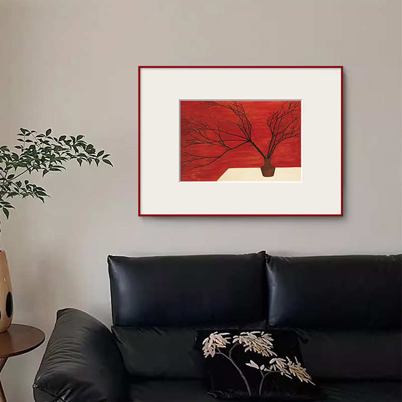 常玉植物花卉红色外框挂画侘寂中古风客厅装饰画沙发背景艺术壁画