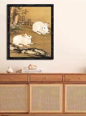 新中式古风客厅装饰画餐厅书房茶室挂画梧桐双兔图玄关画动物壁画