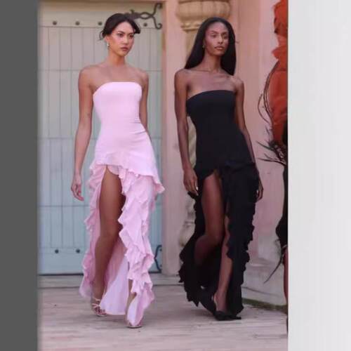 Women's Solid Color Ruffled Tube Dress Fashionable Fitted