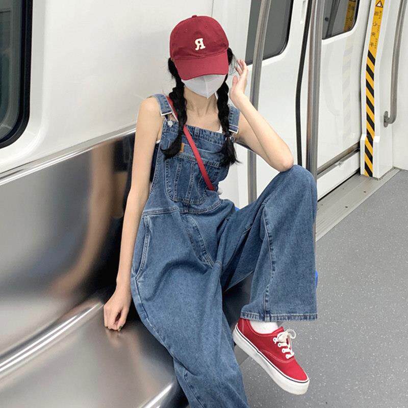 高腰工装牛仔抱婴袋裤女夏显瘦连身阔腿长裤2025秋新款宽松垂感拖