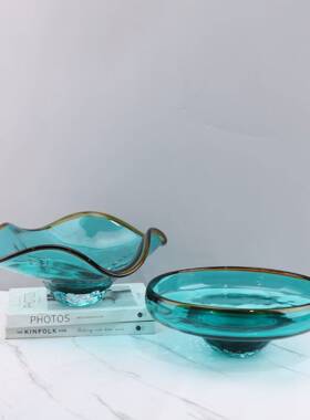 现轻奢湖蓝色描边琉璃果盘客厅餐厅酒店公室样板间家居装饰品
