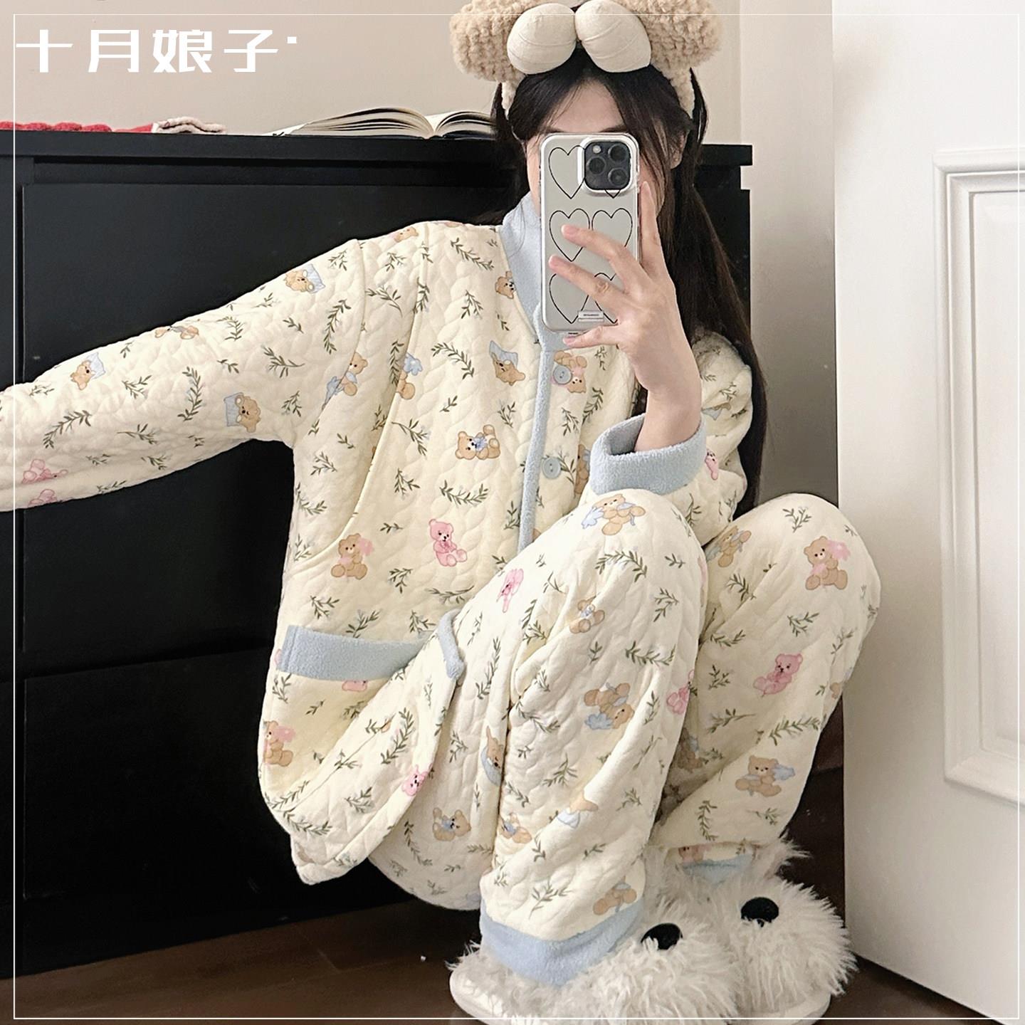 带胸垫空气棉月子服春秋冬季款产后加厚12月份哺乳家居服孕妇睡衣