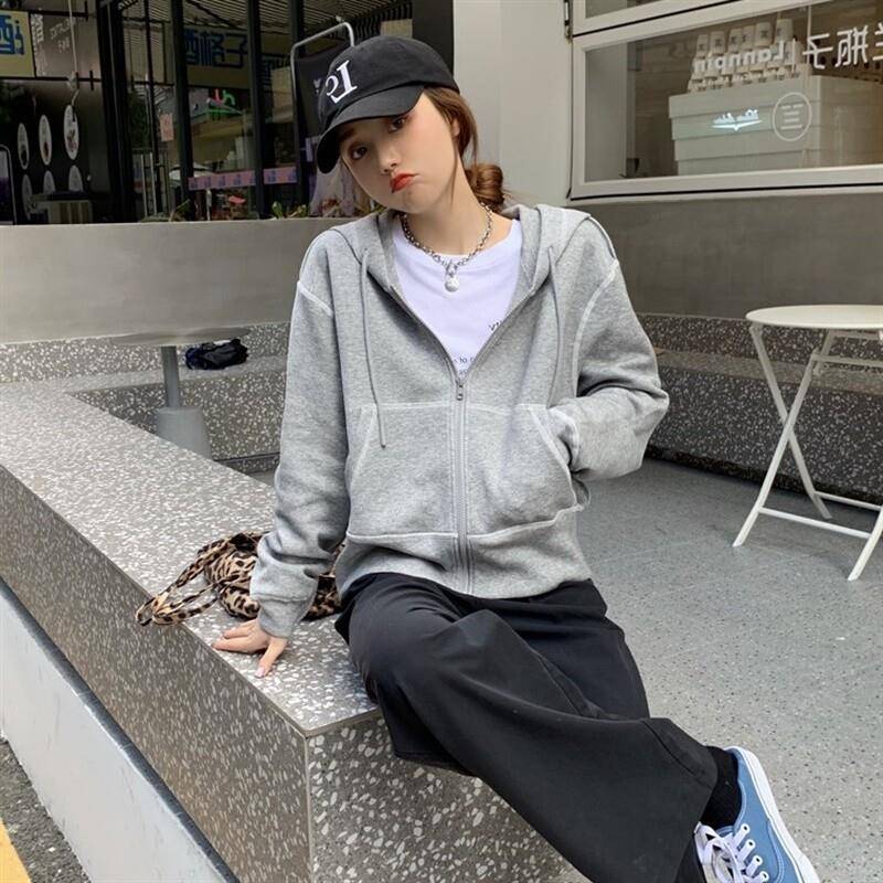 新品灰色连帽女士卫衣2026新款春秋冬季加绒加厚宽松韩版开衫拉链