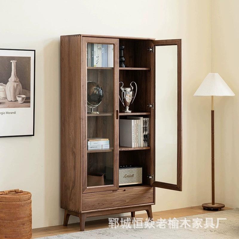 老榆木玻璃柜长方形格子柜落地式收纳柜卧室小书柜玄关抽屉柜