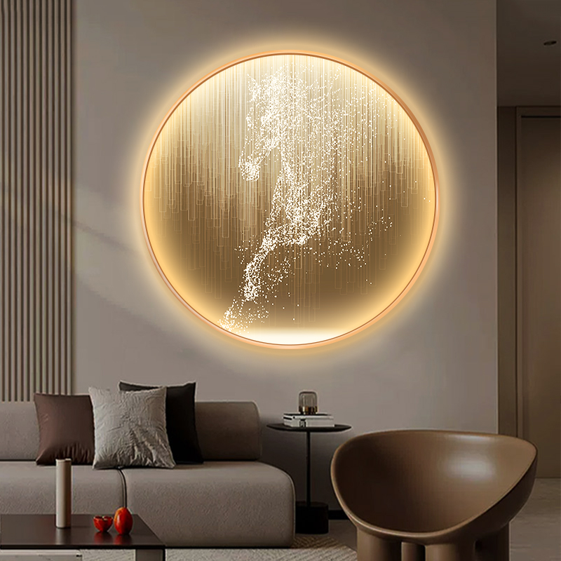 马到成功玄关装饰画圆形灯箱餐厅客厅壁灯画骏马整面全亮发光挂画图片