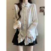 女秋大码 感蕾丝提花长袖 白色衬衫 胖mm宽松遮肚子Polo领上衣0201w