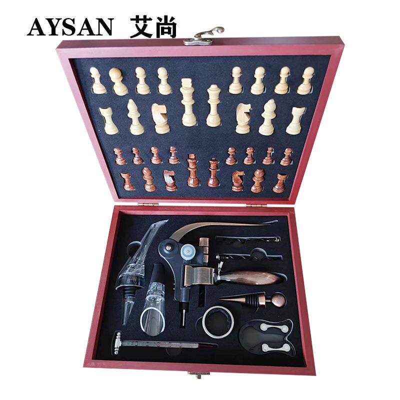 精品木盒九件套红酒开瓶器套装配国际象棋红酒开瓶器套装
