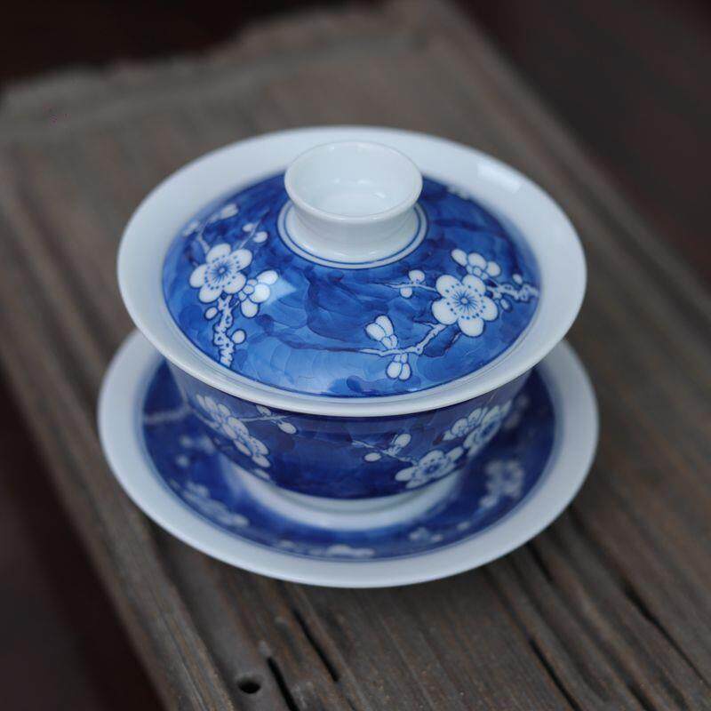 陶瓷手绘三才盖碗青花瓷满绘冰梅茶具三才杯 茶碗泡茶冲泡碗大号