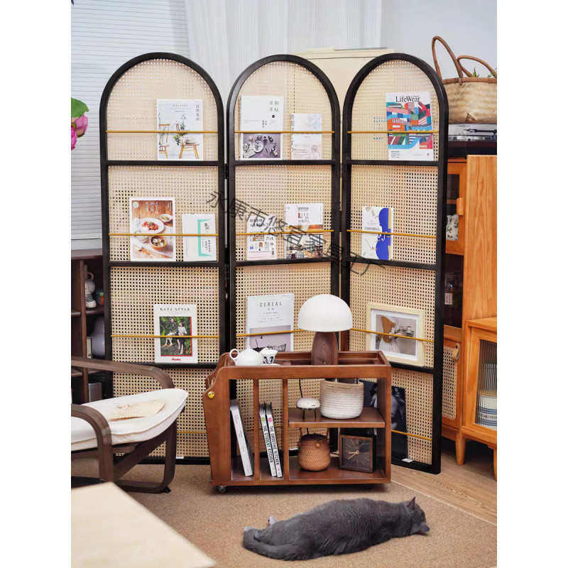 北欧日式藤编屏风隔断客厅实木家用入户进门酒店民宿书架玄关移动