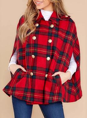 Womens Christmas Plaid Jacket Double Breasted Winter Cape