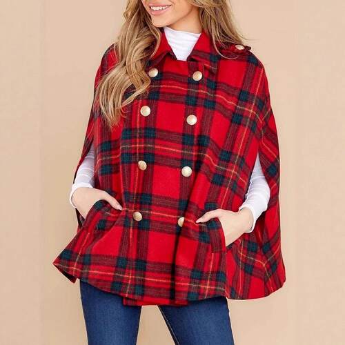 Womens Christmas Plaid Jacket Double Breasted Winter Cape