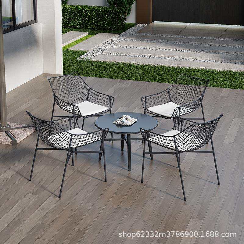 户外桌椅庭院咖啡厅售楼部网红铁艺防水洽谈休闲现代时尚带伞组合