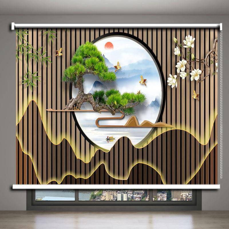 2026新款中式山水卷帘窗帘办公室会议室遮阳卷拉帘客厅饭厅手拉式
