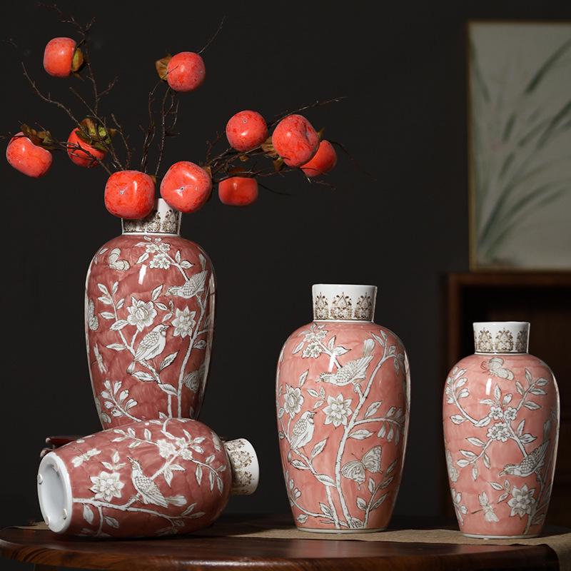 花瓶摆件花瓶手绘创意新器陶瓷花物青花瓷储插花干花罐中式粉色