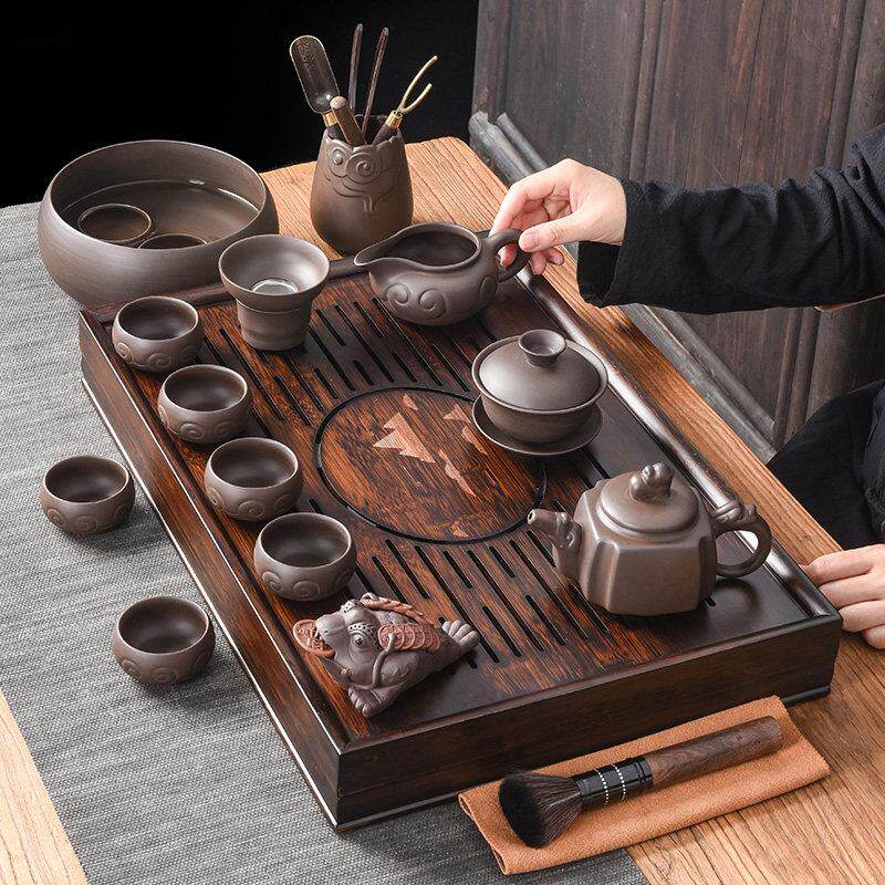 紫砂功夫茶具套组 家用客厅胡桃色排水式茶盘茶具现代简约茶具套