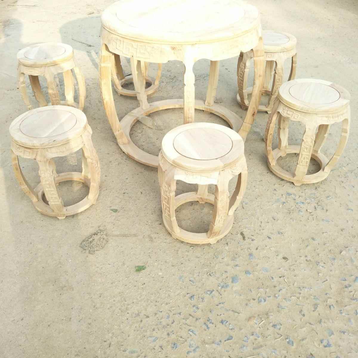 明J-221112清典老榆凳木家具仿古木质白茬鼓桌鼓古凳七件套圆形小