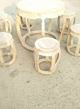 明J-221112清典老榆凳木家具仿古木质白茬鼓桌鼓古凳七件套圆形小