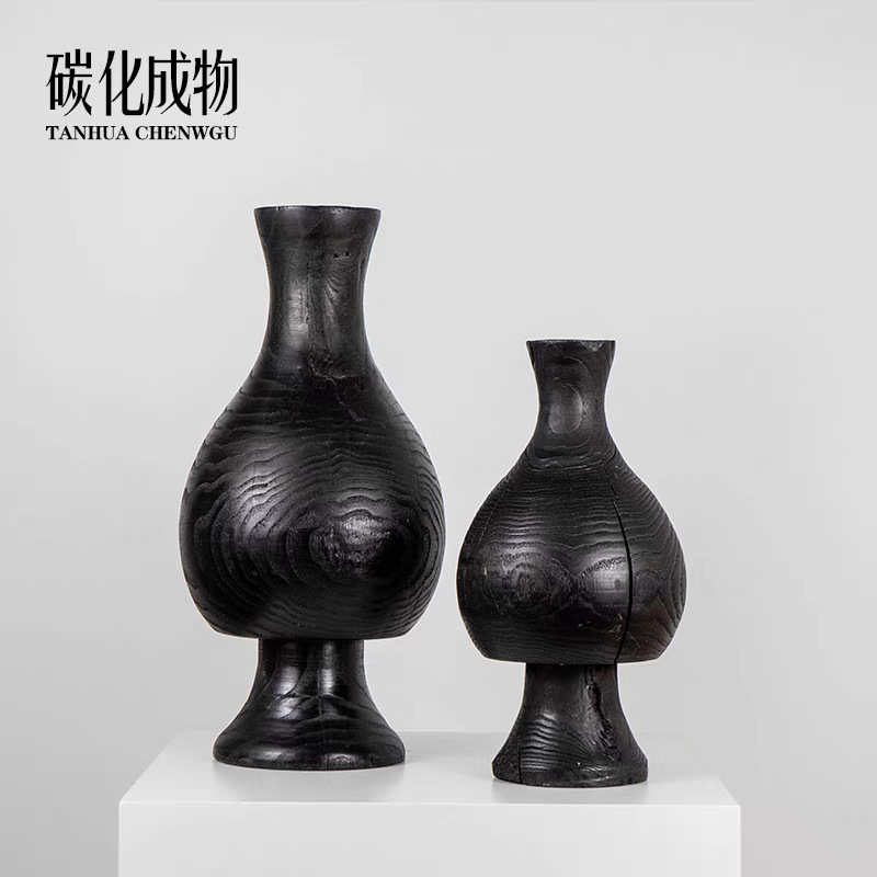 中式侘寂风碳化木花器日式简约酒店样板间客厅玄关电视柜桌面摆件