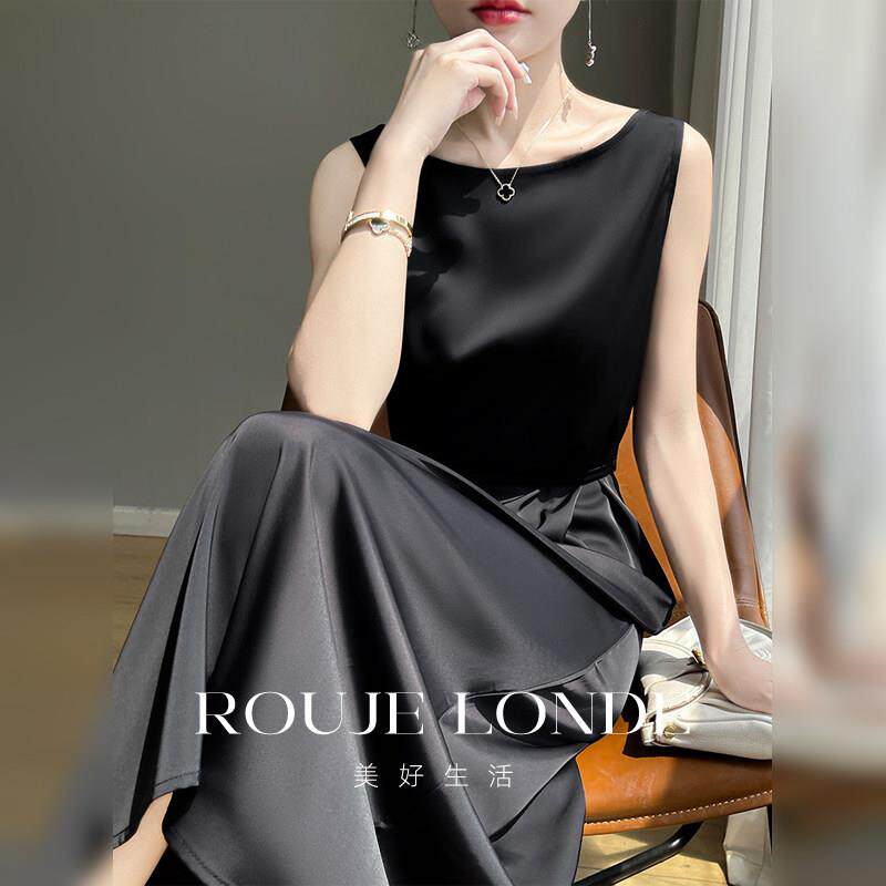 ROUJE LONDE高级感无袖背心吊带连衣裙女醋酸缎面垂感显瘦A字长裙