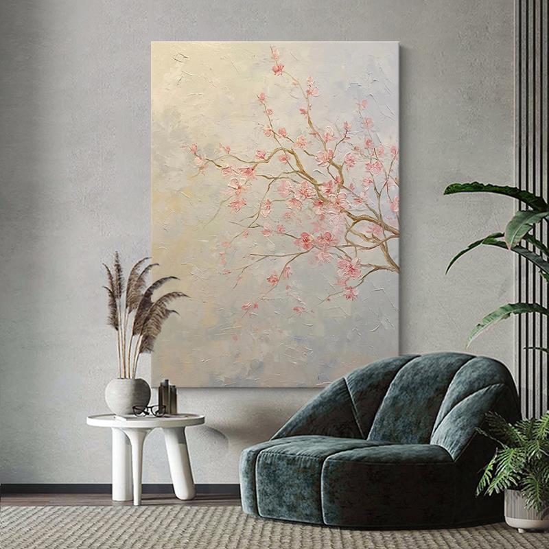 奶油风壁画粉色桃花肌理手绘油画抽象花卉客厅装饰画丙烯玄关挂画图片