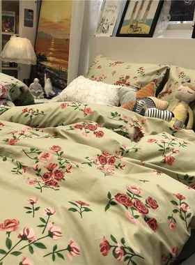 高档美式ins绿色田园风床碎上四件套全床棉纯棉被套1.5m文艺民花