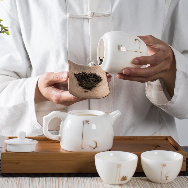德化白瓷迷你旅行功夫小茶具套装快客杯一壶二杯两便携式家用户外