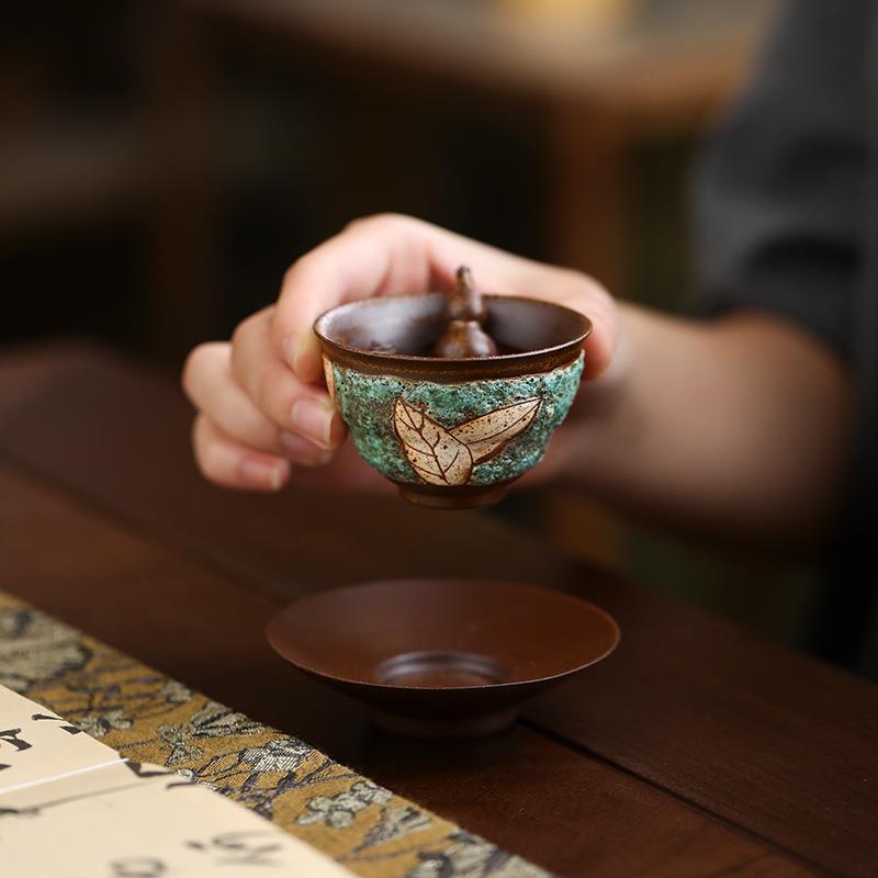 老岩泥绿松石刻绘葫芦茶杯主人杯粗陶手工杯子个人专用品茗杯茶具