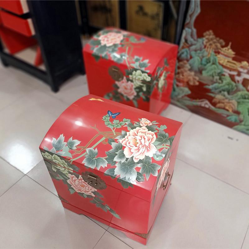 漆器新中式彩绘樟木书箱红底牡丹手工彩绘带锁婚嫁储物衣扣储物箱