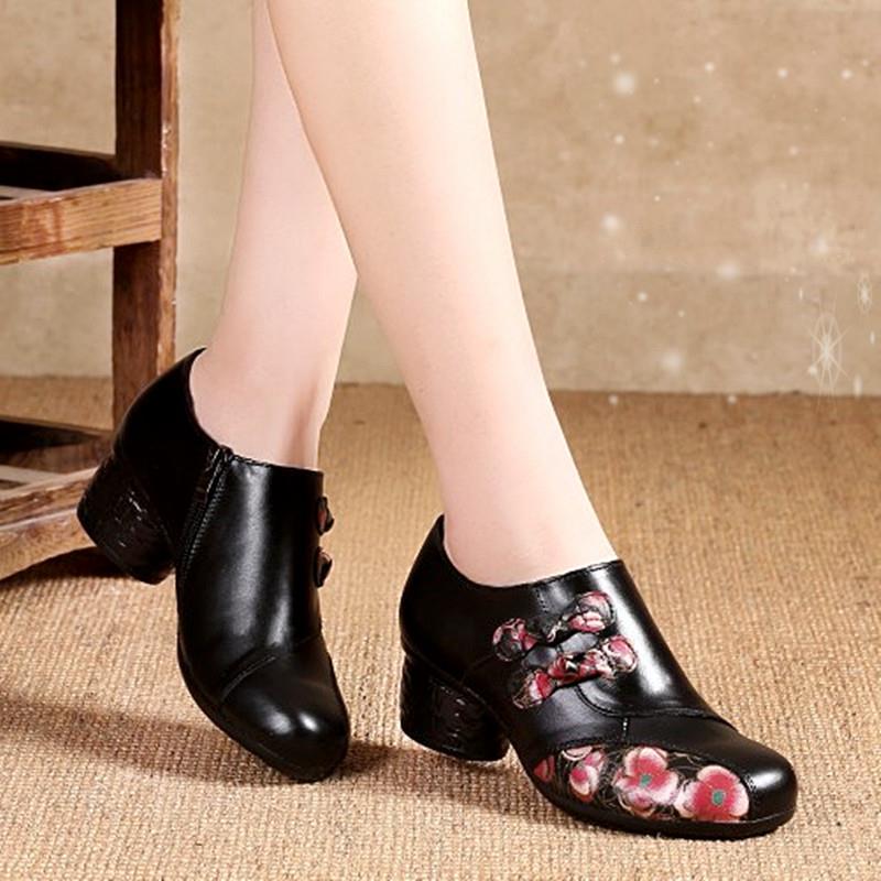 高档民风女鞋20妈25春季妈鞋软底女舒适中旗跟真皮中老年女单鞋族