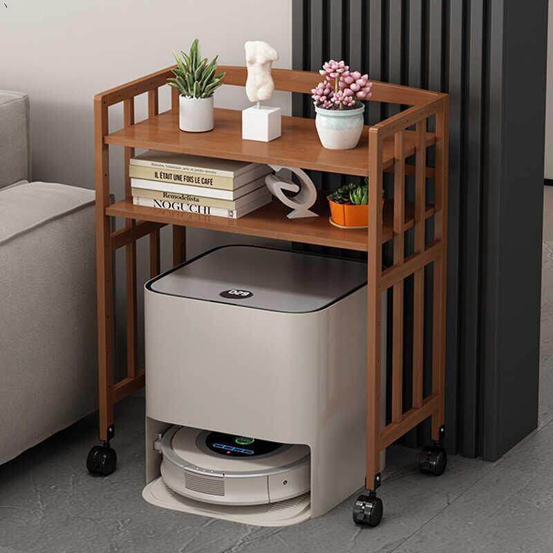 扫地机器人落地多层置物架带轮子收纳架拖地机架实木家用客厅边几