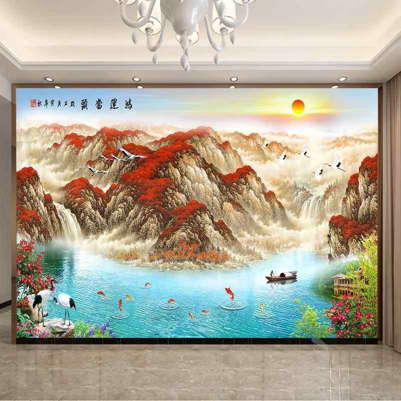 山水画鸿运当头贴画风水客厅装饰年画沙发背景自粘墙纸办公室墙贴